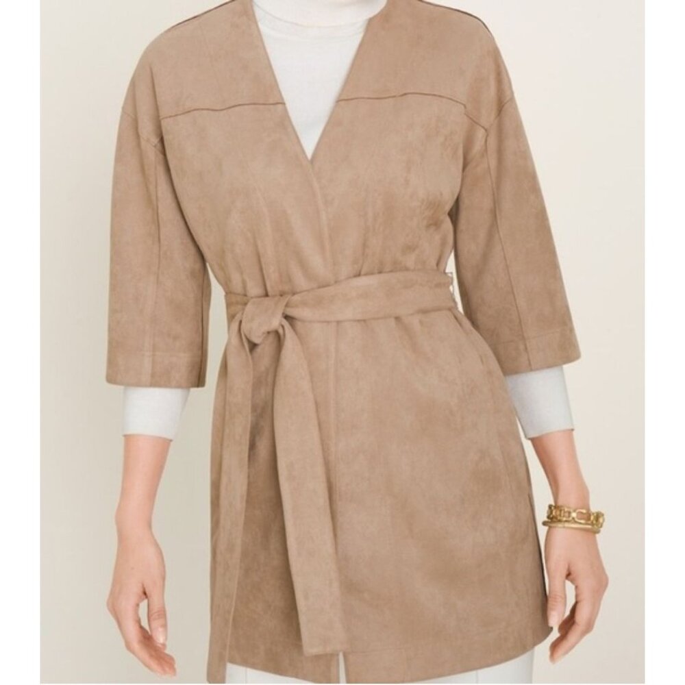 Chicos Kimono Jacket Size 0 Small Faux Suede‎ Tan Minimalist Career Casual